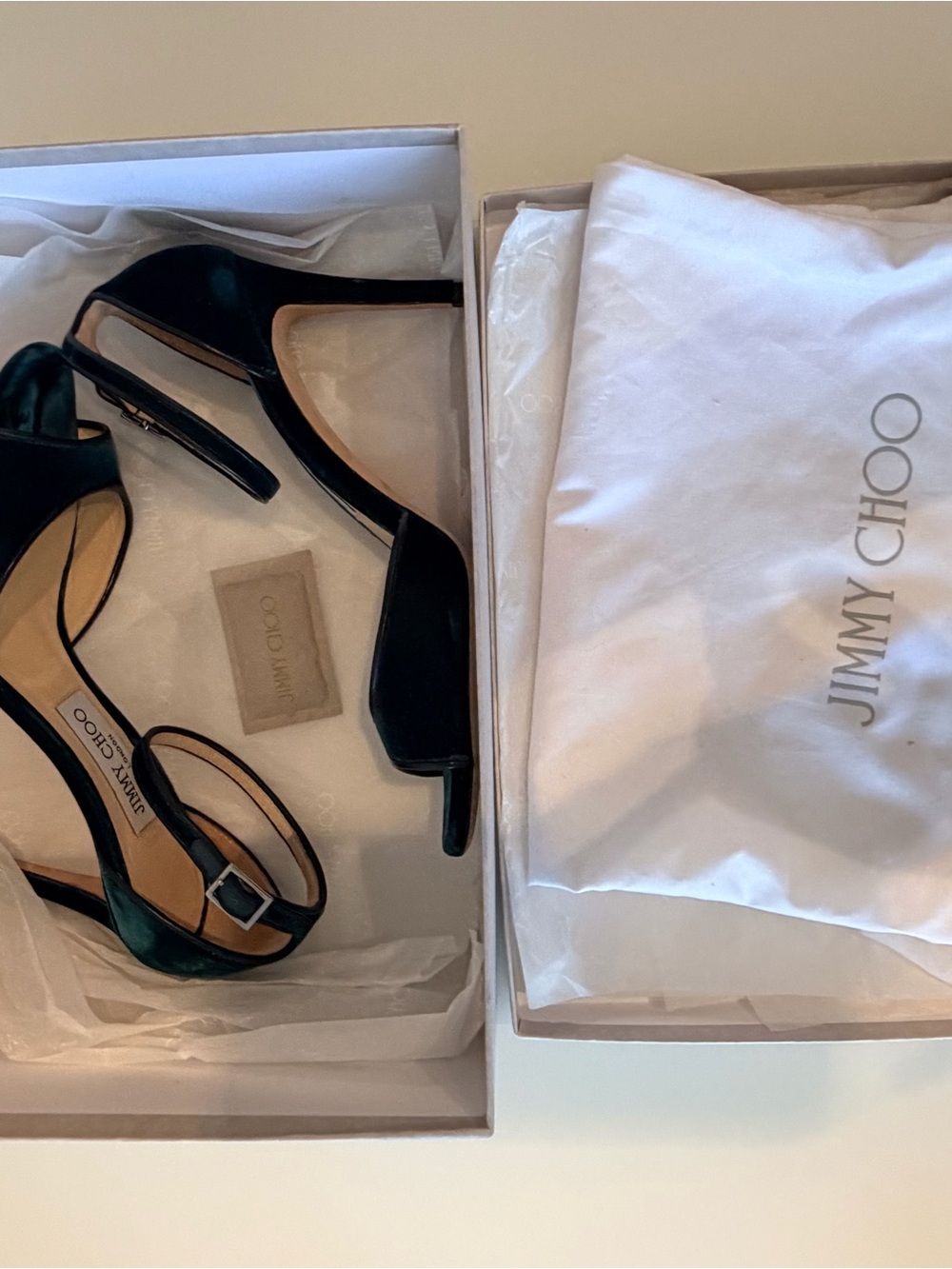 Jimmy Choo Dark Green Velvet Open-Toe Heels